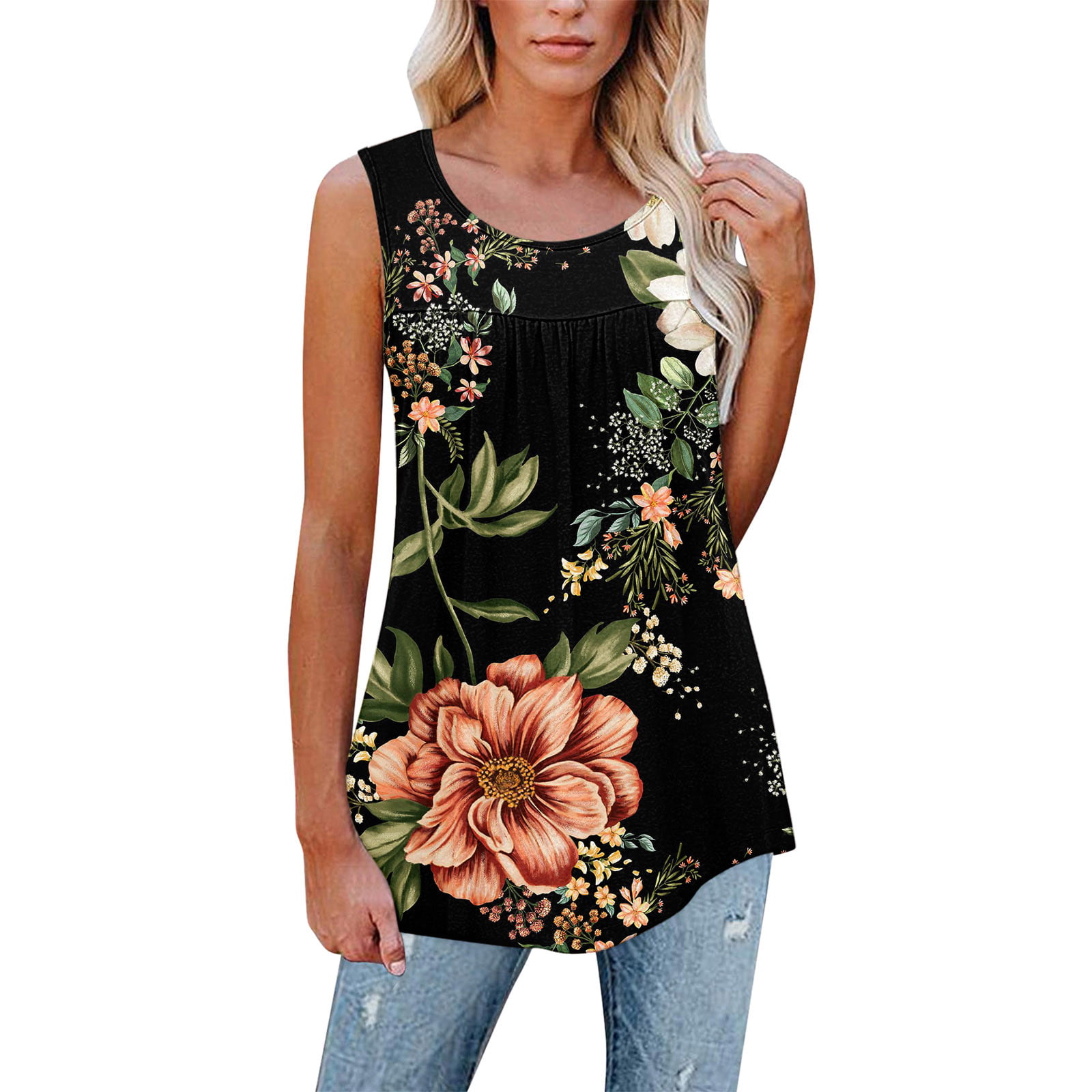 NKOOGH Women'S Thermal Sleeveless Underwear Tops Fitted Top Womens Tank  Tops Summer Sleeveless Floral T Shirts Loose Fit Pleated Flowy Tunic Shirts  Ladies Casual Crewneck Tanks 