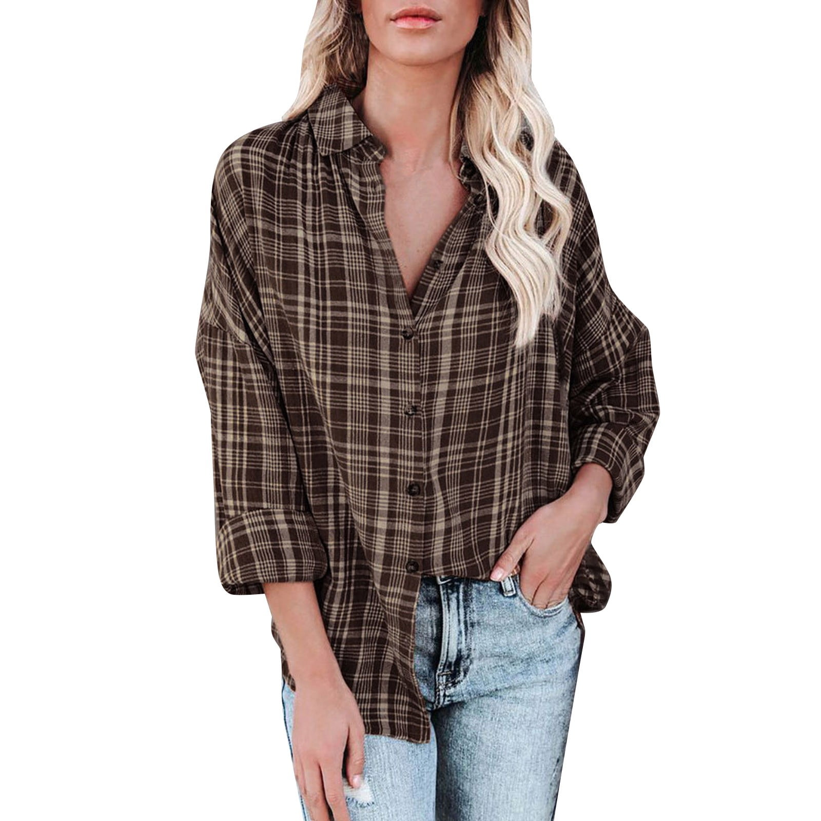  Black of Friday Sales On  Women's Long Sleeve Plaid  Shirts Pocket Turn-Down Collar Button Fall Tops Casual Loose Work Blouse  Office Wear : Sports & Outdoors