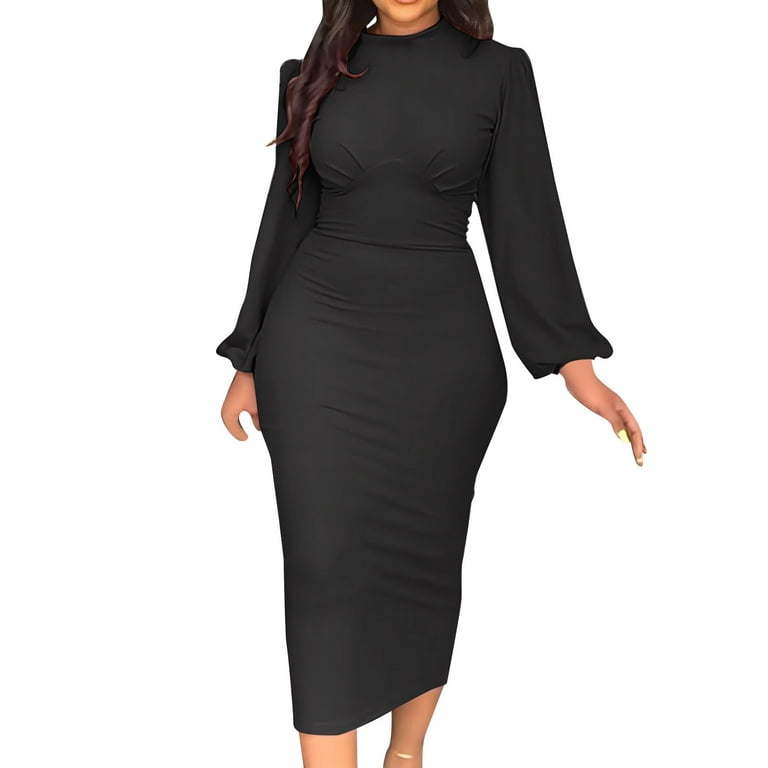 NKOOGH Women Short Dress Flattering Dresses for Curvy Women Ladies Slit  Long Sleeves Round Neck Elegant Casual Tight Mid Length Pencil Fashion  Party Dresses 