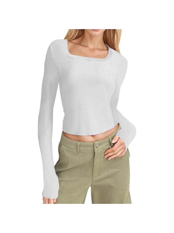 Women's Chest Tunics Basics T-Shirts Square Neck Slim Fit Solid Color Long Sleeved Top With T Shirt Casual Comfy Top White L