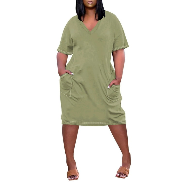 NKOOGH Women s Long Dresses for Summer Cotton Knit Dress Dresses for Women Comfortable Plus Size V Neck Dresses Short Sleeve Knee Printed A Line Swing Midi Dress Walmart
