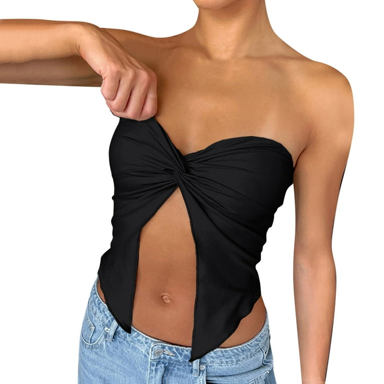 NKOOGH Womens Backless Tops Space Women's Strapless Bandeau Top Casual Tube  Top Ruched Going Out Crop Tops Backless Shirt 