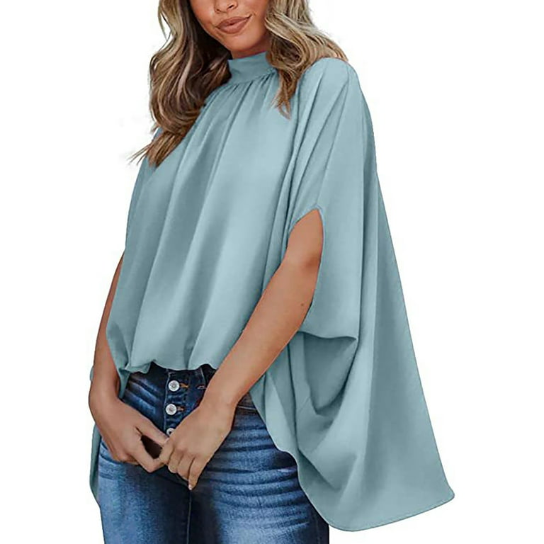 NKOOGH Womens Plus Size Blouses Light Blue Layering Top 2023 Summer Women's  Clothing Style Short Front And Back Long Sleeve Short Sleeved Top for Women  L 