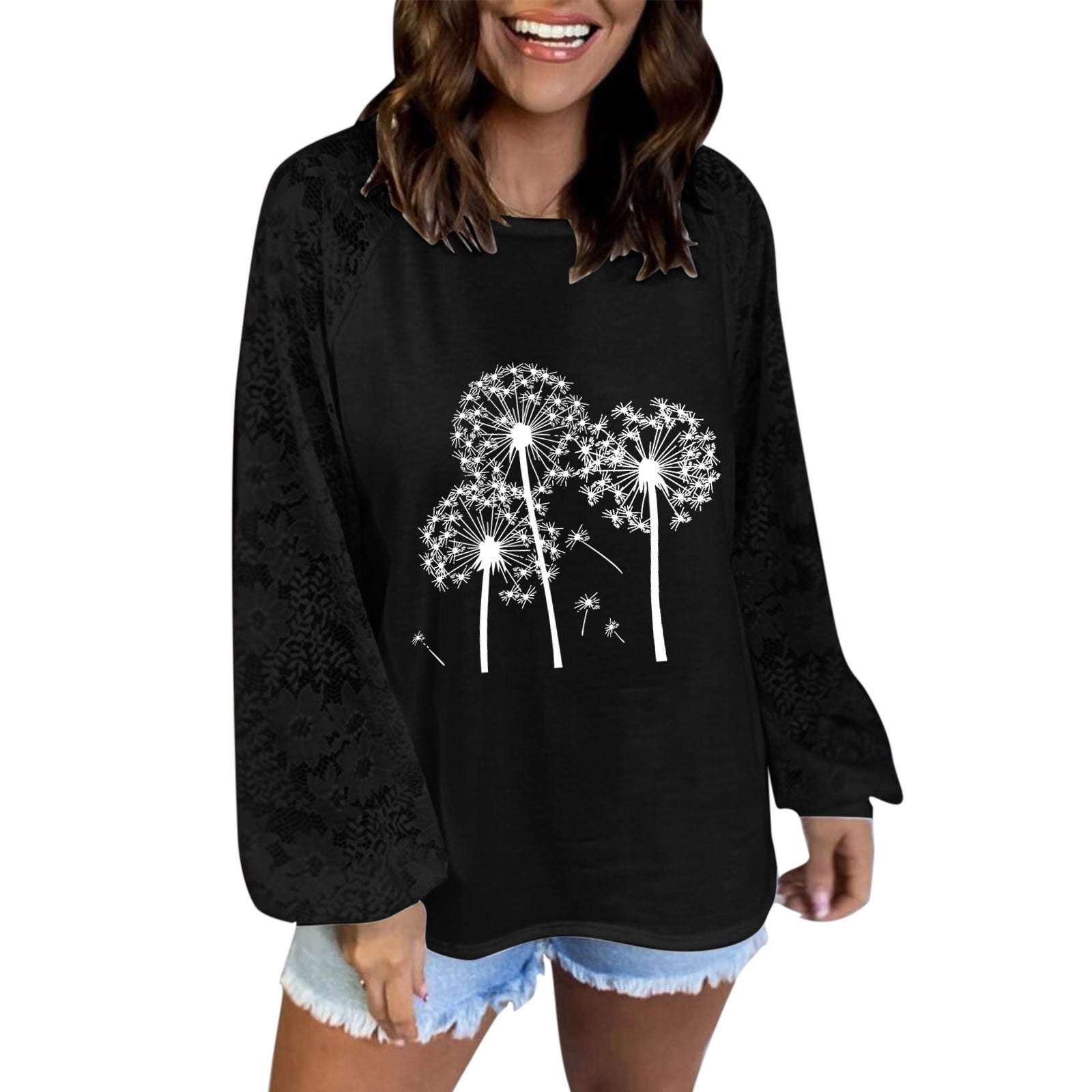 NKOOGH Shirt for Same Day Delivery Items Prime Elbow Tops for Women Women  Trendy Blouses Casual Loose Dandelion Printing Knit Tops Pullover Hollow  Out Lace Long Sleeve Shirts Tops 