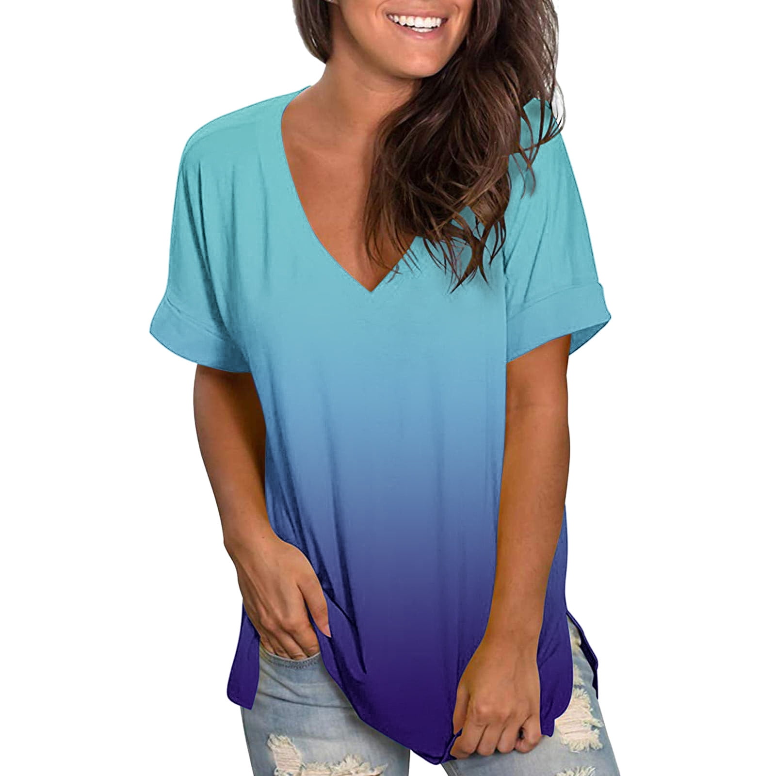 Athletic Wear for Woman Womens V Neck Top Printed T Shirt Loose