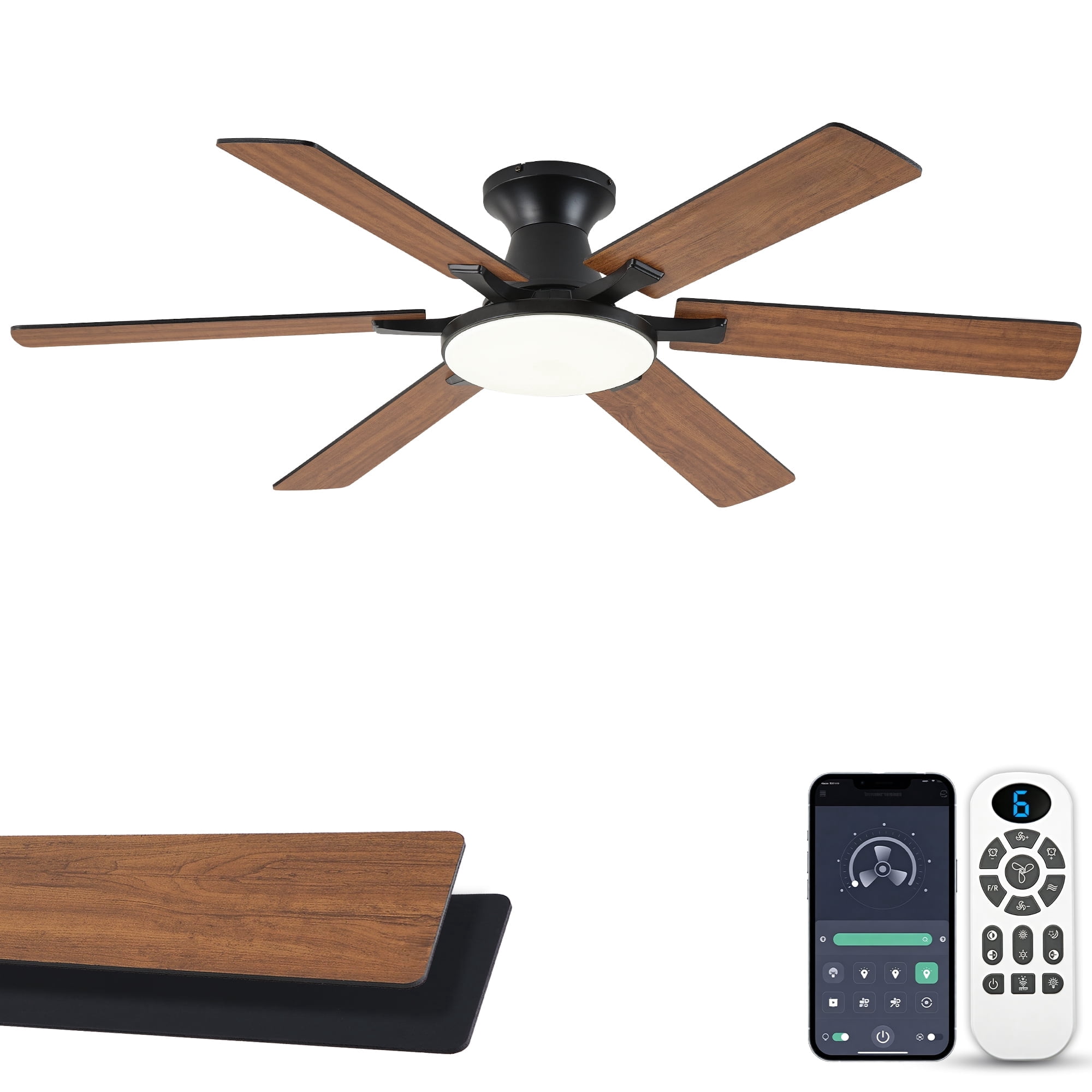 NKPU 54 inch Low Profile Ceiling Fan with Light and Remote , 6 Speed ...