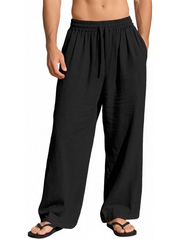 Mens Cotton Linen Pants Elastic Waist Linen Men Pants Drawstring Loose Casual Lightweight Summer Beach Pants Black L
