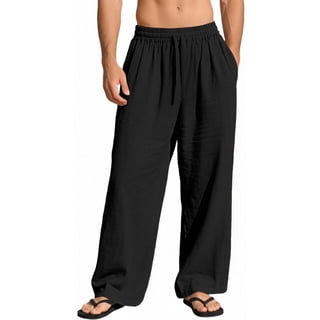 NKZNKZ Mens Cotton Linen Pants Elastic Waist Linen Men Pants Drawstring Loose Casual Lightweight Summer Beach Pants Black XXXL