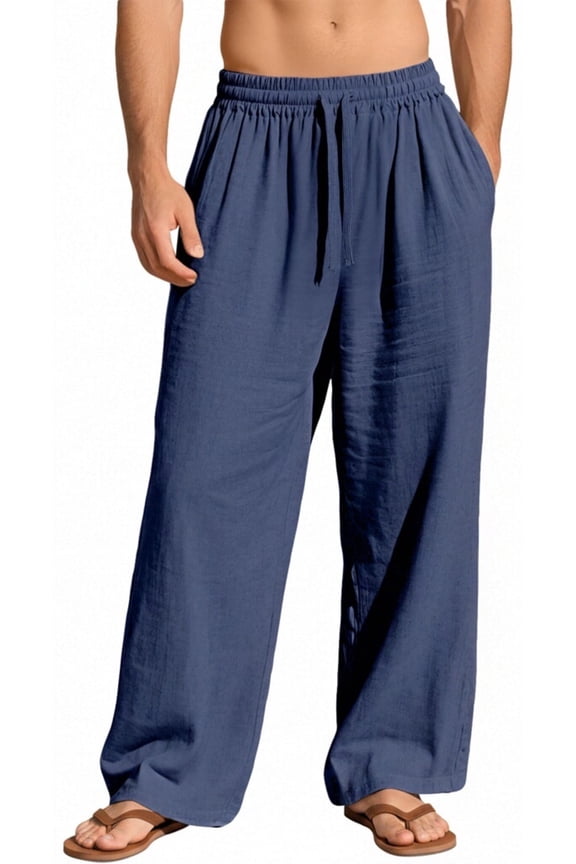 Mens Cotton Linen Pants Elastic Waist Linen Men Pants Drawstring Loose Casual Lightweight Summer Beach Pants Navy blue L