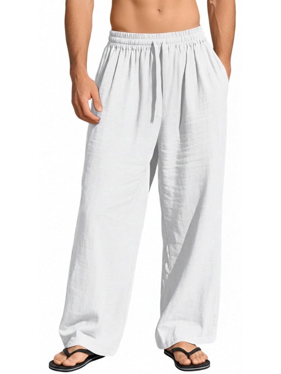 Mens Cotton Linen Pants Elastic Waist Linen Men Pants Drawstring Loose Casual Lightweight Summer Beach Pants White XL