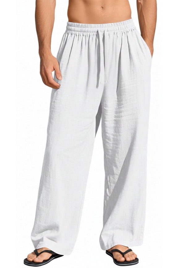 Mens Cotton Linen Pants Elastic Waist Linen Men Pants Drawstring Loose Casual Lightweight Summer Beach Pants White XL