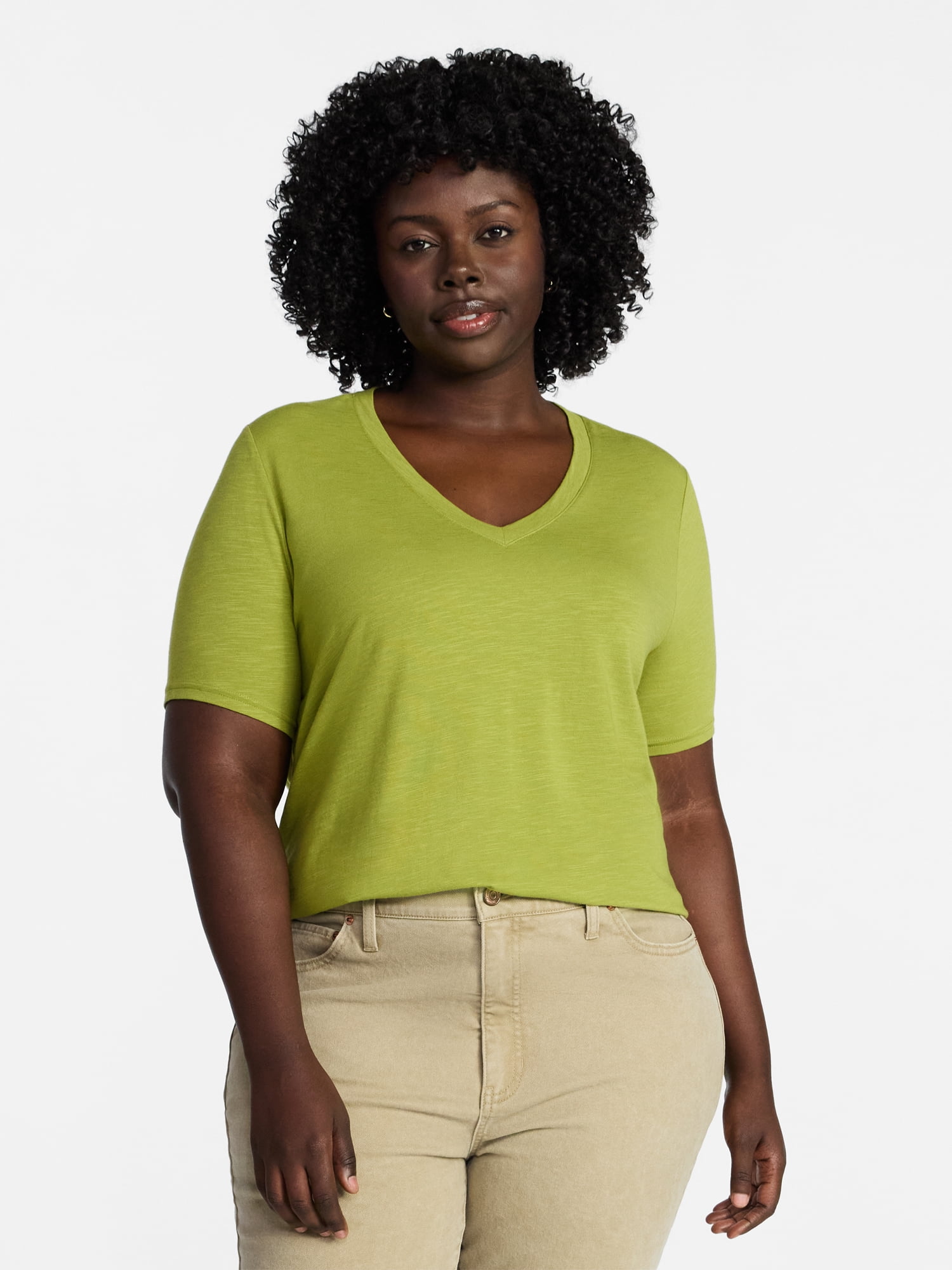 Terra & Sky Women's Plus Size V-Neck Tee with Short Sleeves, Size 0X-5X