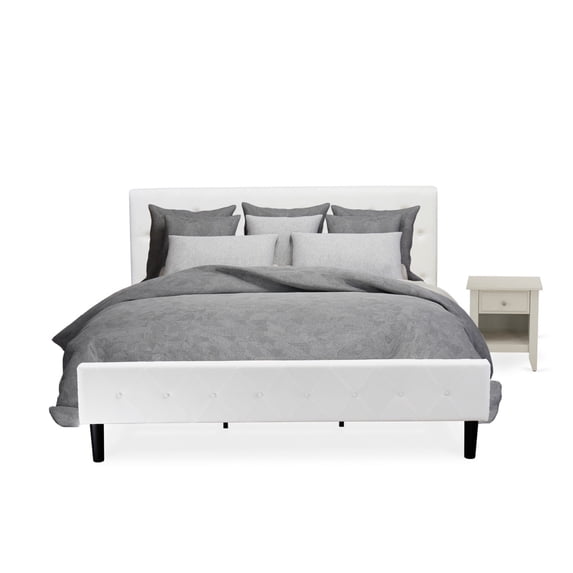NL19K-1GA0C 2 Piece Bedroom Set - Button Tufted Bed Frame - White Velvet Fabric Upholstered Headboard and a Wire Brushed Butter Cream Finish Nightstand