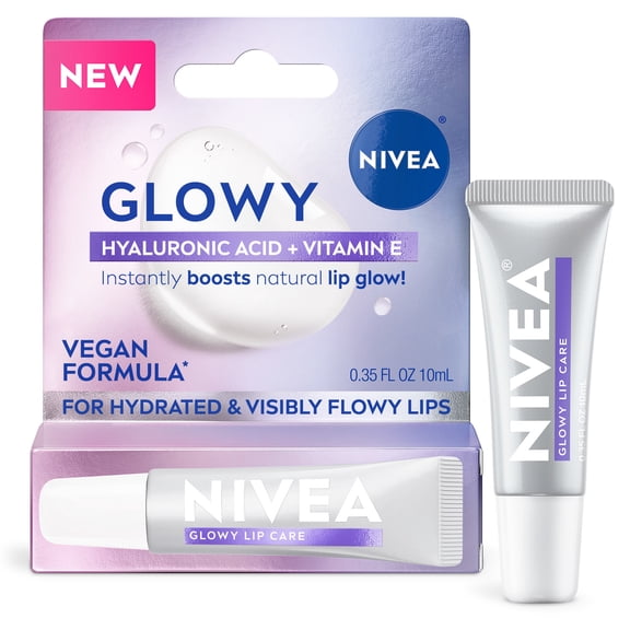 NIVEA Glowy Lips, Vegan Lip Balm with Hyaluronic Acid, Vitamin E, and Magnolia Extract, 0.35 Fl Oz Tube
