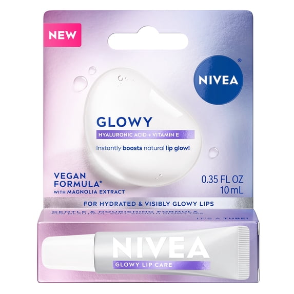 NIVEA Glowy Lips, Vegan Lip Balm with Hyaluronic Acid, Vitamin E, and Magnolia Extract, 0.35 Fl Oz Tube