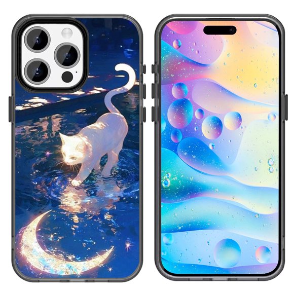 NLEACase for iPhone 15 Pro Max Case,Beautiful Impact Protection Moon White Cat Phone Case, Black