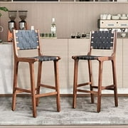 NLIBOOMLife 28" Woven  Stools   Faux Leather Kitchen Stool Chairs with Back and Wooden Legs  Comfy  Chairs  Height Stools for Kitchen Island  Brown