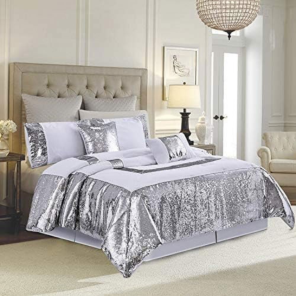 NLIBOOMLife 5 Piece Queen Size Reversible Sequins Patchwork Pattern Comforter Bedding Set White