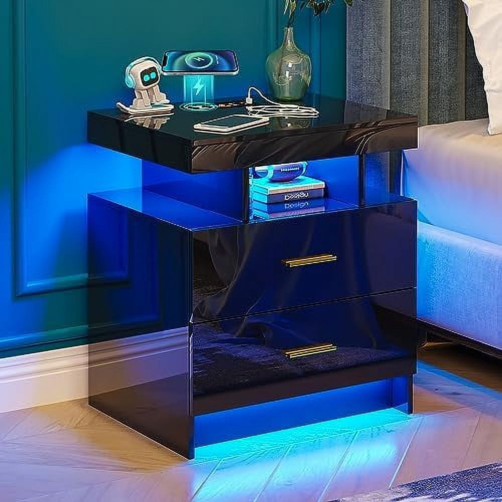 NLIBOOMLife Black Nightstand with USB/TypeC/Wireless Charging Station