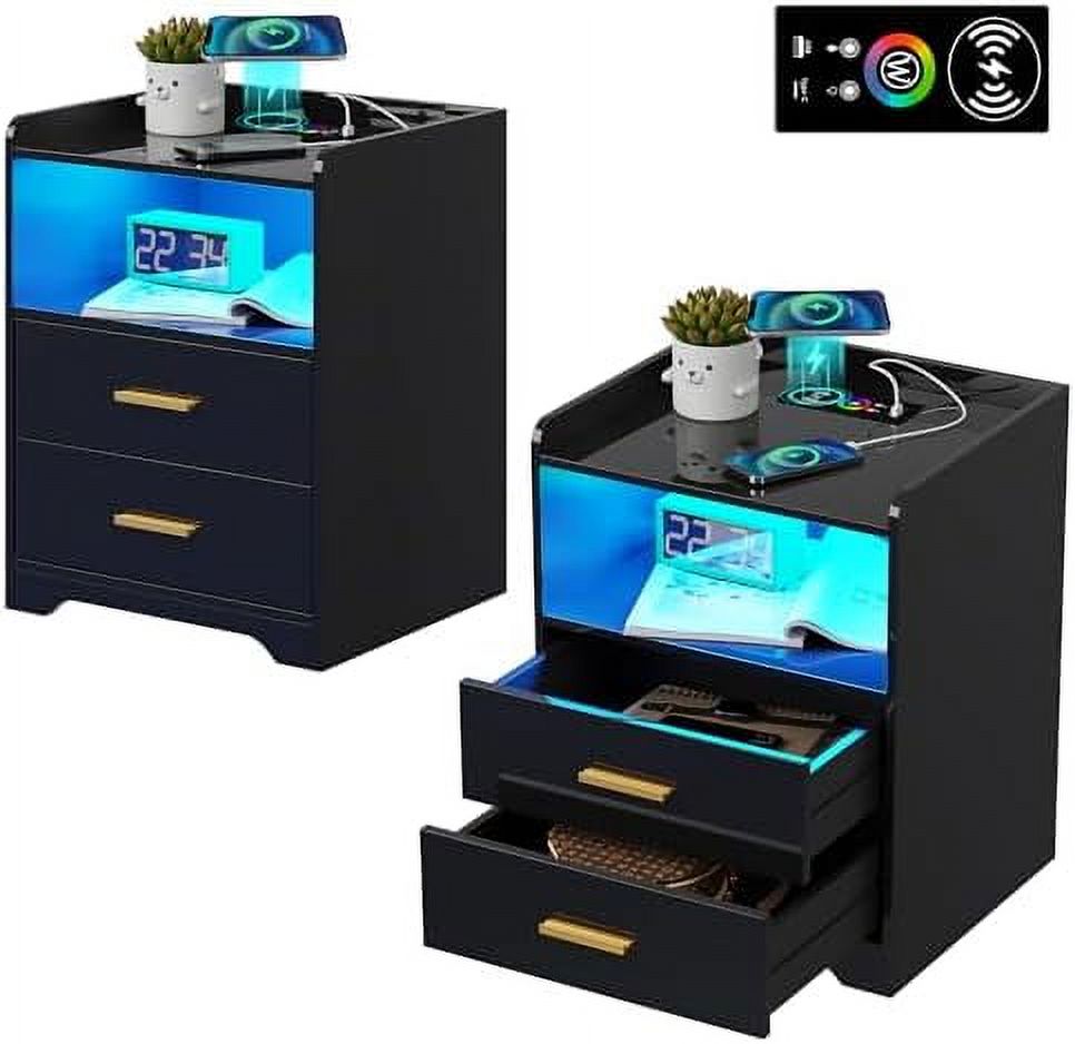 NLIBOOMLife Black Nightstand with USB/TypeC/Wireless Charging Station