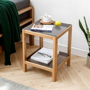 NLIBOOMLife Modern Solid Wood Accent End or   Square  with Glass  Double Layer Beside Table for Living Room and Bedroom  Installation Free