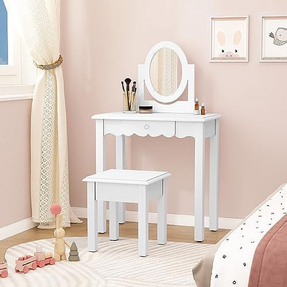 NLIBOOMLife Vanity Little Girls Vanity Set with Mirror and Stool Wooden 2 in 1 Toddler Vanity
