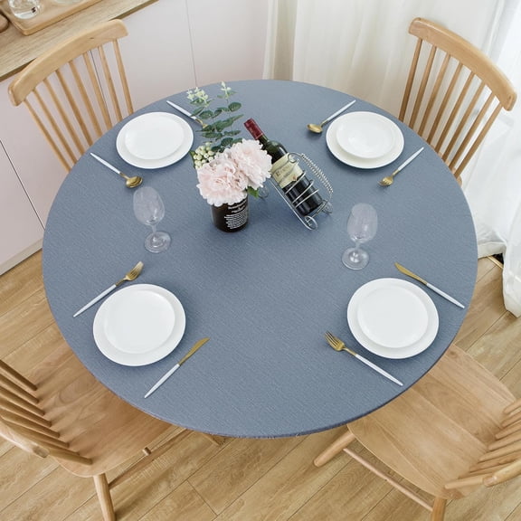 NLMUVW Round Fitted Vinyl Tablecloth with Elastic Edge 100% Waterproof Oil Proof PVC Table Cloth Wipe Clean Table Cover for Indoor and Outdoor, Denim Blue, 40"- 44"