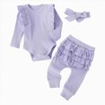 thumbnail image 1 of NLOMOCT Baby Girl Newborn Clothes 3 Pcs Baby Girl Clothes Newborn Outfits Ruffle Floral Romper Flared Pants 3Pcs for Infant 0 3 6 9 12 18 24 Months Light Purple,18-24 Months, 1 of 5