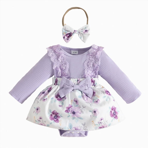 NLOMOCT Newborn Girl Gifts Cute Baby Girls Long Sleeve Lace Triangle Romper Dress Newborn Casual Dress Cover Up Baptism Outfit,Light Purple,12-18 Months
