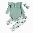 thumbnail image 1 of NLOMOCT Winter Outfits Clothes 3 Pcs Fall Outfit Newborn Baby Girl Clothes Ruffle Long Sleeve Romper Pants Headband Clothes Green,12-18 Months, 1 of 8