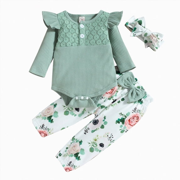 NLOMOCT Winter Outfits Clothes 3 Pcs Fall Outfit Newborn Baby Girl Clothes Ruffle Long Sleeve Romper Pants Headband Clothes Green,12-18 Months
