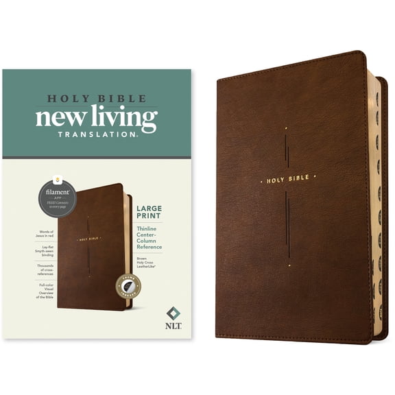 NLT Large Print Thinline Center-Column Reference Bible, Filament Enabled (Leatherlike, Brown Holy Cross, Indexed, Red Le, (Hardcover)