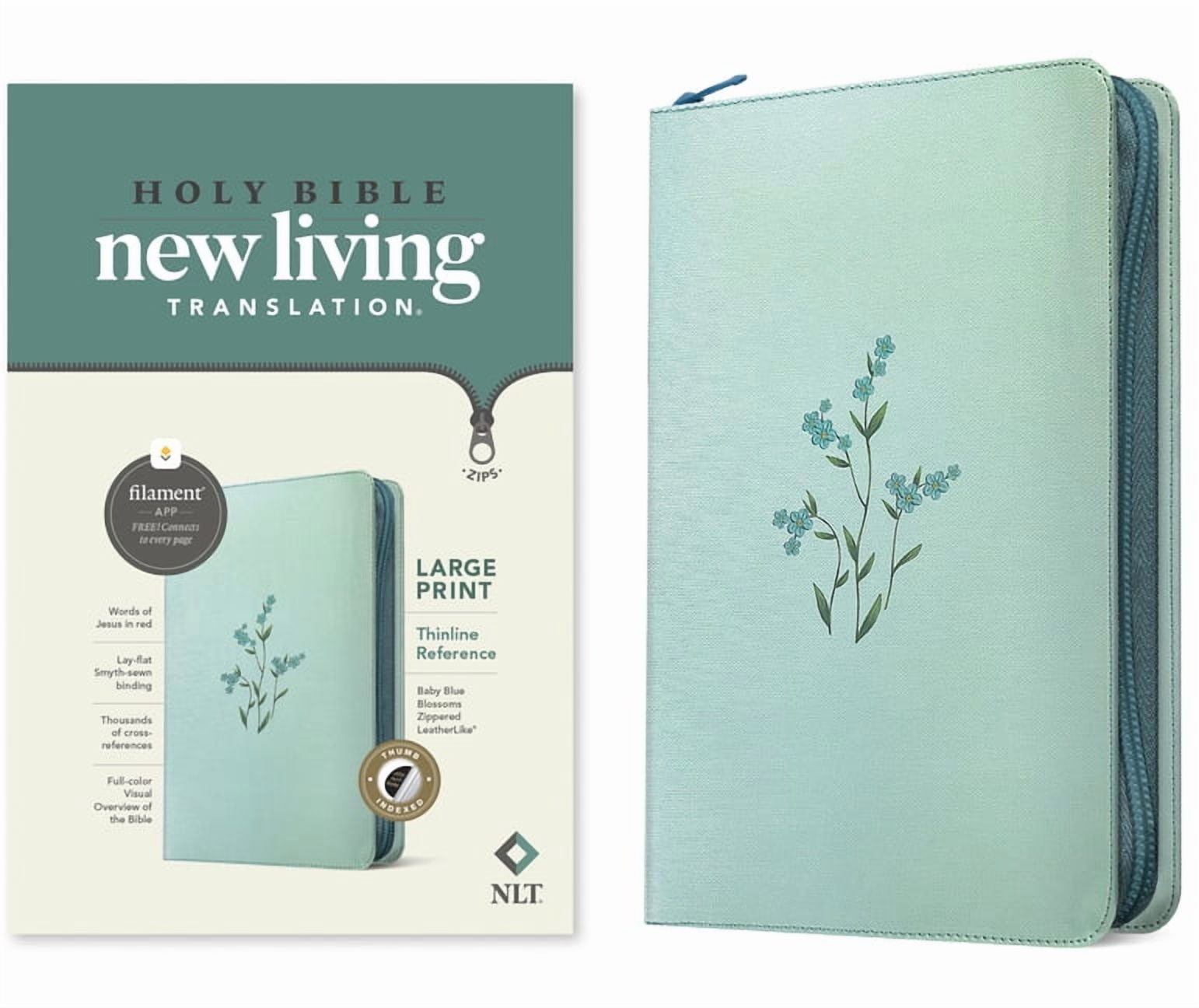 NLT Large Print Thinline Reference Zipper Bible, Filament Enabled (Leatherlike, Baby Blue Blossoms, Indexed, Red Letter), (Hardcover)