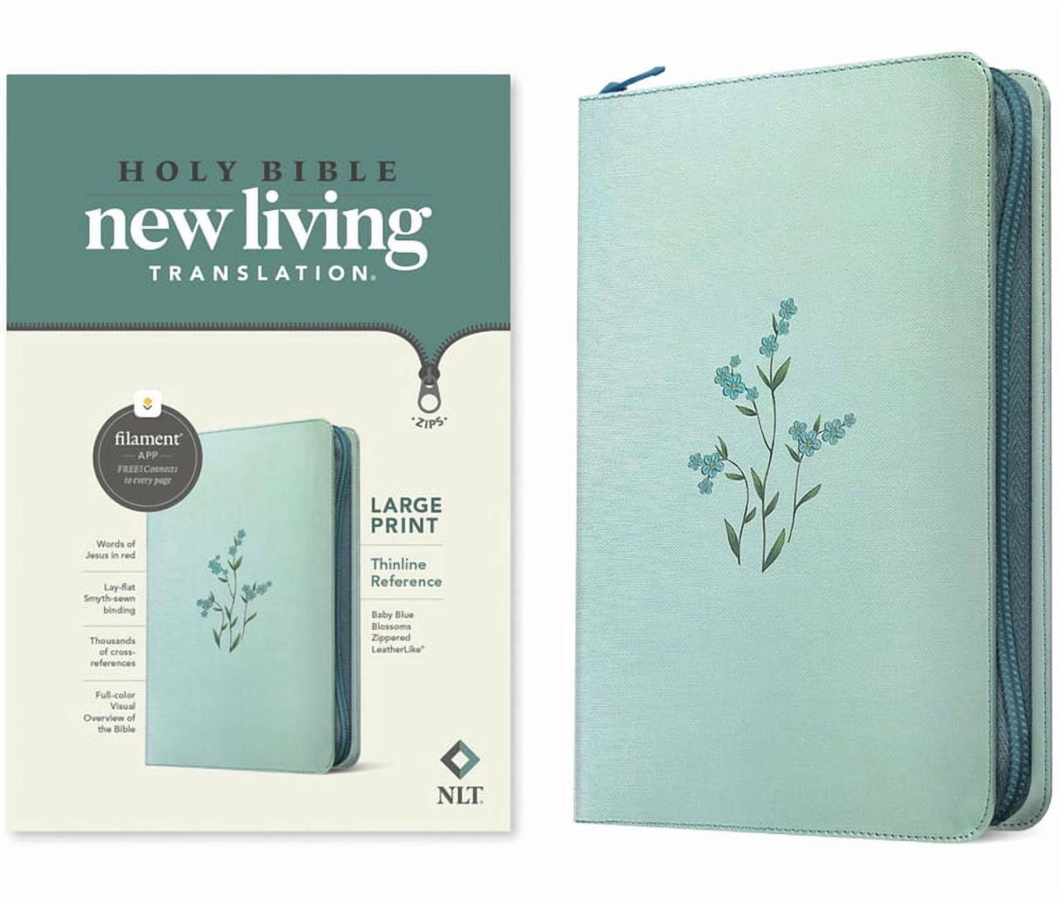 NLT Large Print Thinline Reference Zipper Bible, Filament Enabled (Leatherlike, Baby Blue Blossoms, Red Letter), (Hardcover)