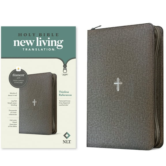 NLT Thinline Reference Zipper Bible, Filament Enabled (Leatherlike, Textured Cross Gray, Red Letter), (Hardcover)