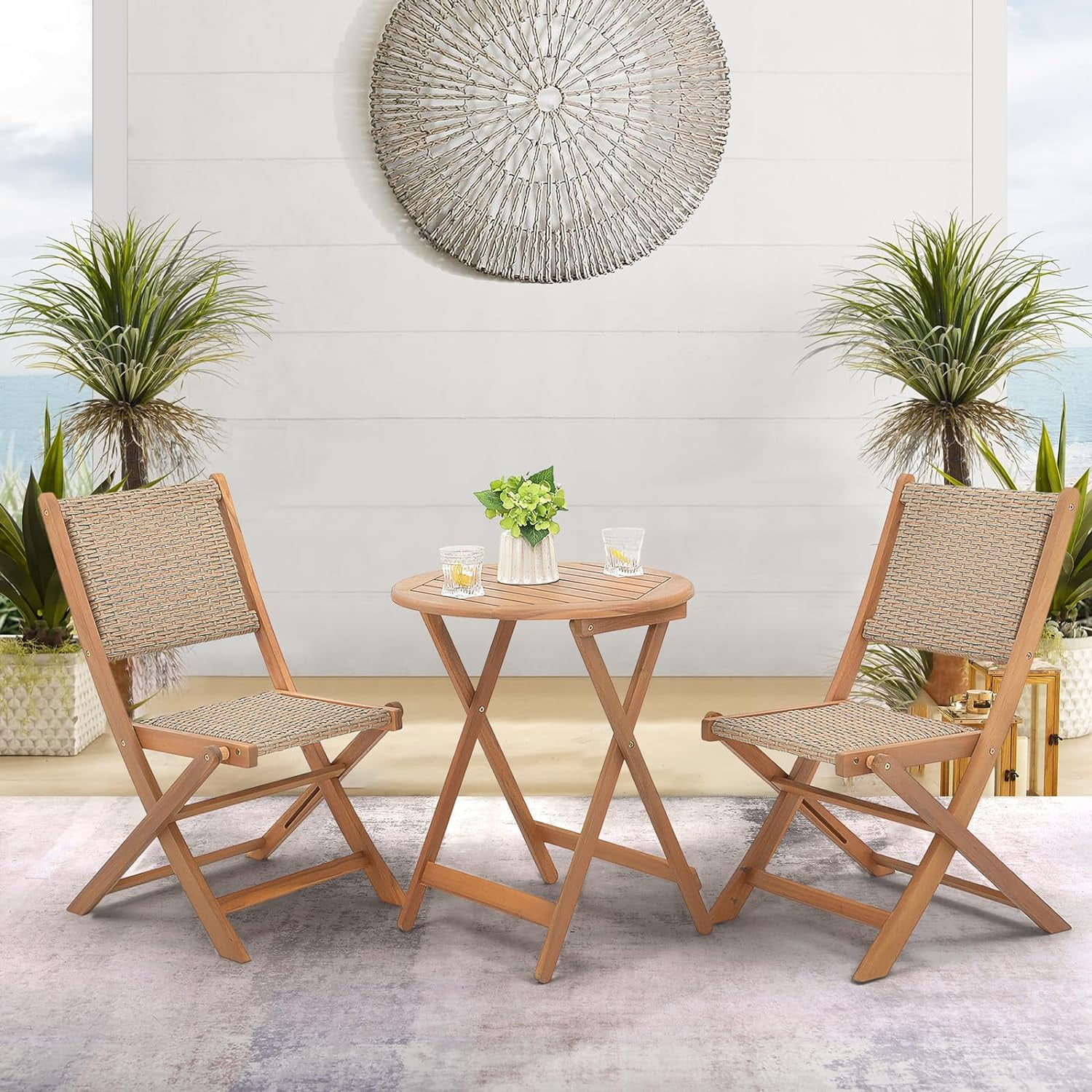 NLTBONNIE 3 Piece Patio Set Acacia Wood Outdoor and Chairs Wicker