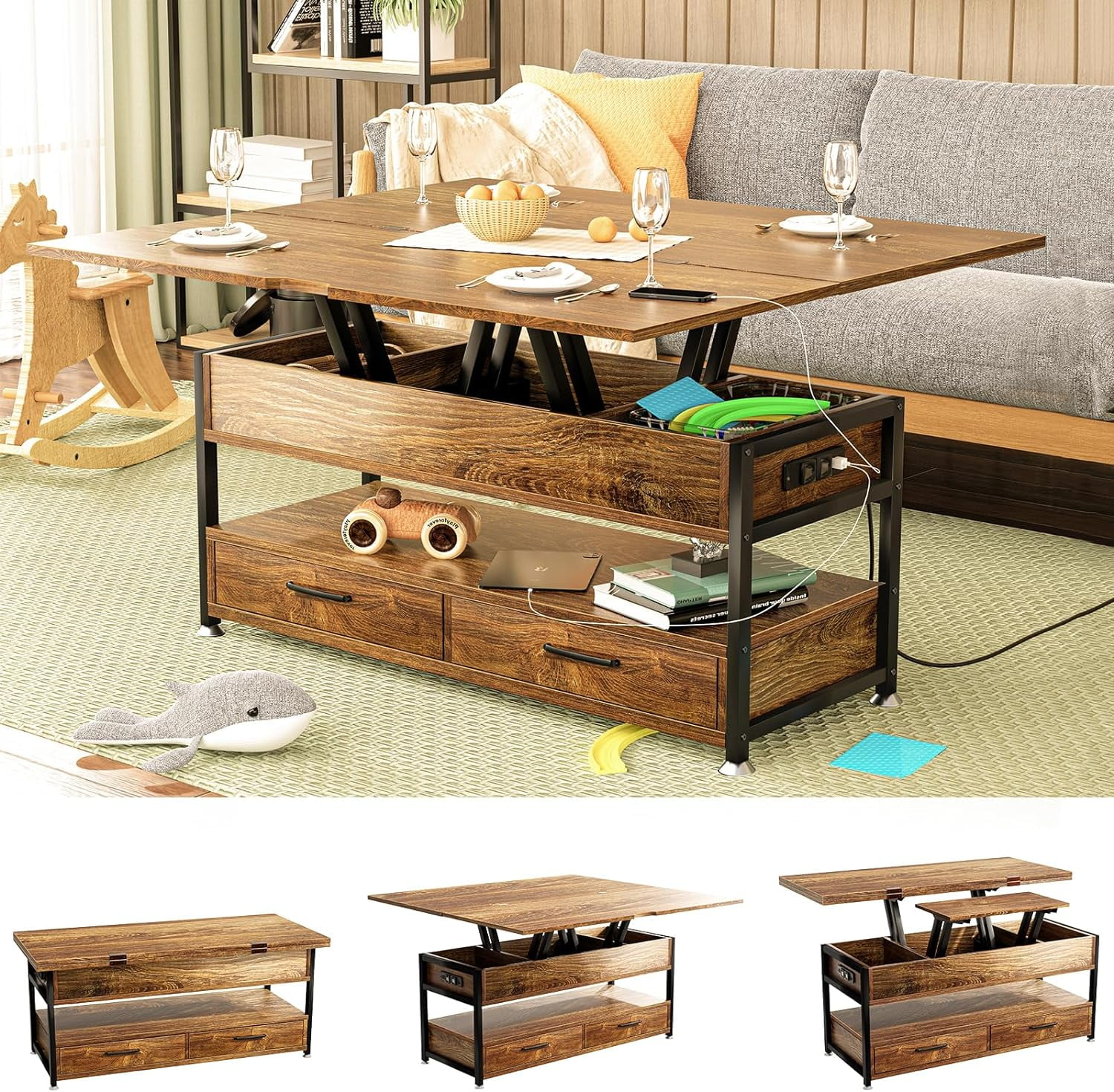 NLTBONNIE Lift Top Coffee Table with Charging Station Multi Coffee