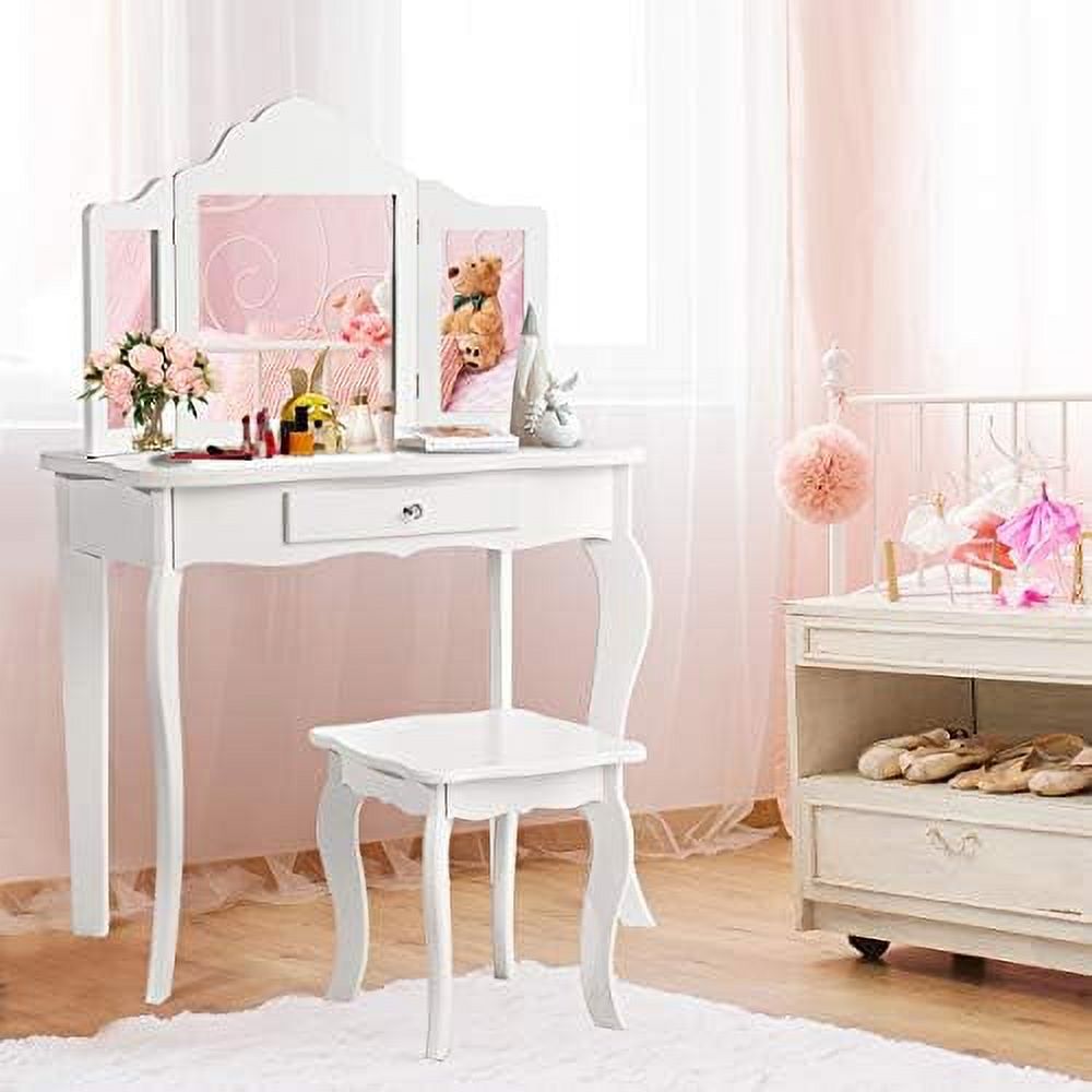 NLTBONNIE Vanity Girls Vanity Set with Mirror and Stool and Lights Drawer 2 in 1 Wooden Princess