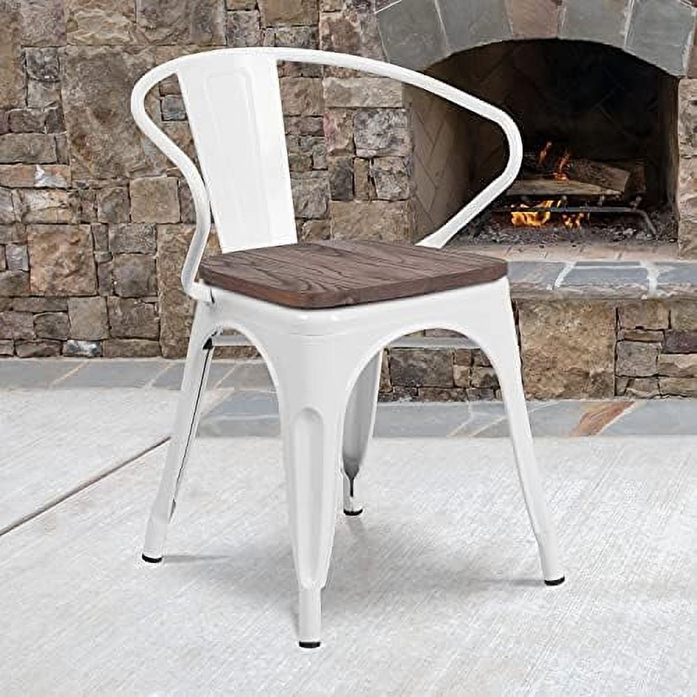Modern Rustic White Metal Bistro Chair with Wood Seat and Arms