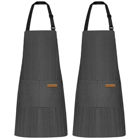 NLUS 2 Pack Cooking Aprons for Women Men with 2 Pockets, 29.5" x 26.8" (Black Pinstripes)