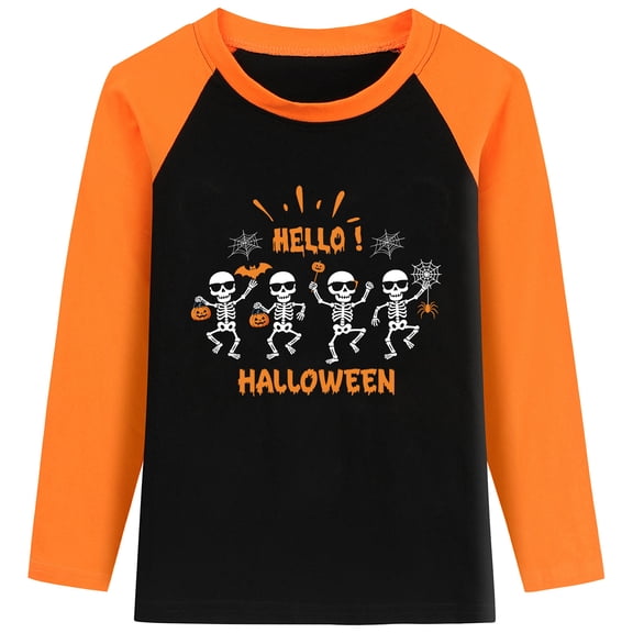 NLVRBC Boys Halloween Shirts Kids Glow in the Dark Skeleton Graphic Tees Raglan Pumpkin T-Shirt Size 3T
