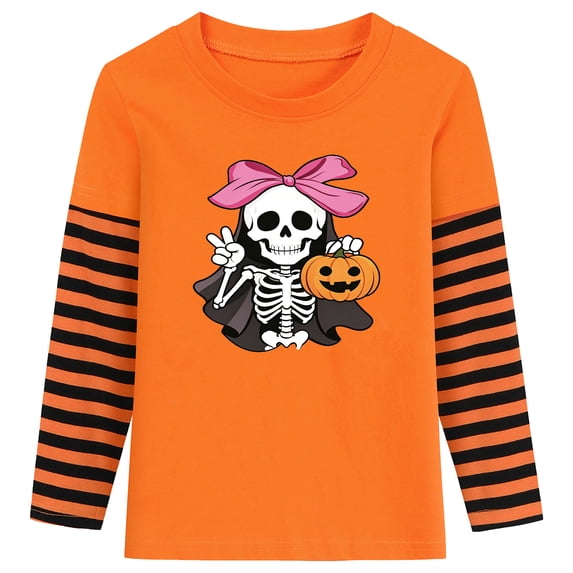 NLVRBC Girls Halloween Shirts Kids Glow in the Dark Skeleton Graphic Tees Raglan Pumpkin T-Shirt Size 3T