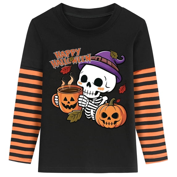 NLVRBC Halloween Shirts Boys Glow in the Dark Skeleton Kids Graphic Tees Raglan Pumpkin T-Shirt Size 7T
