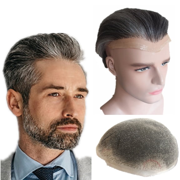 NLW European human hair toupee for men with Soft Super fine Swiss lace 10x8" Straight hair pieces human hair replacement system for men #1B40 Black and White