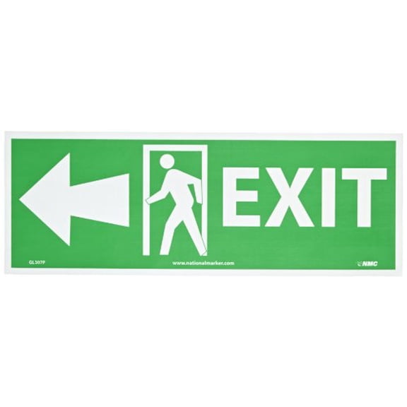 NMC GL307P Fire Sign, Legend "EXIT" with Door And Left Arrow Graphic, 14" Length x 5" Height, Glow Polyester, Yellow on Green