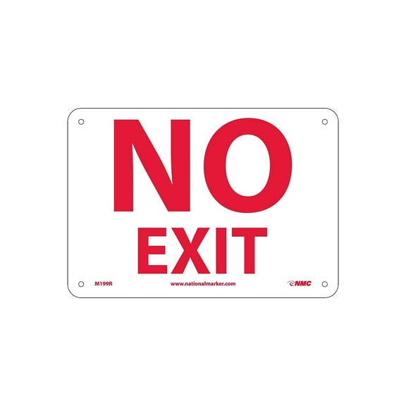 NMC M199R Fire Sign, Legend "NO EXIT", 10" Length x 7" Height, Rigid Plastic, Red on White