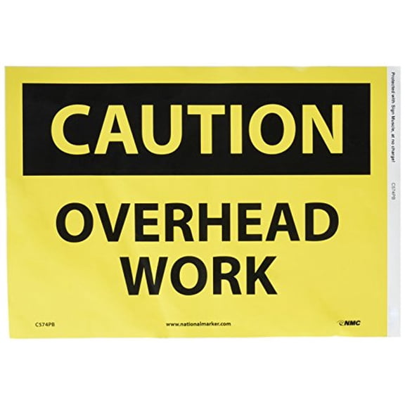 NMC C574PB OSHA Sign, Legend "CAUTION - OVERHEAD WORK", 14" Length x 10" Height, Pressure Sensitive Vinyl, Black on Yellow