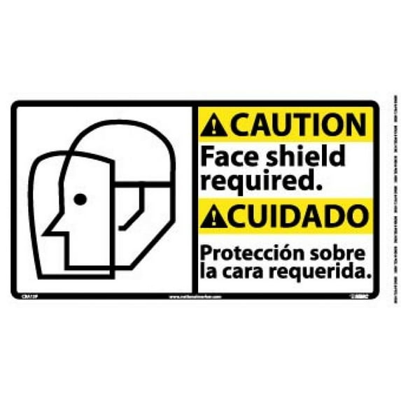 NMC Signs Cba13P, Caution Face Shield Required Sign - Bilingual, 10 X 18, Pressure Sensitive Vinyl .0045