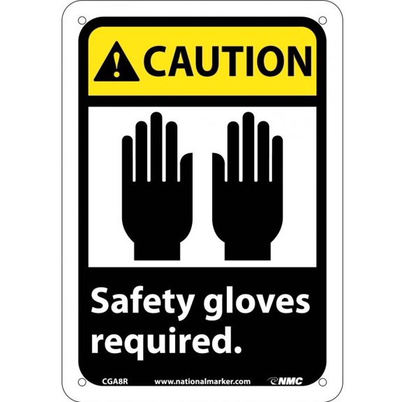 National Marker CGA8R Caution Safety Gloves Required Plastic Graphic Signs - 7 x 10 in., White, Black & Yellow
