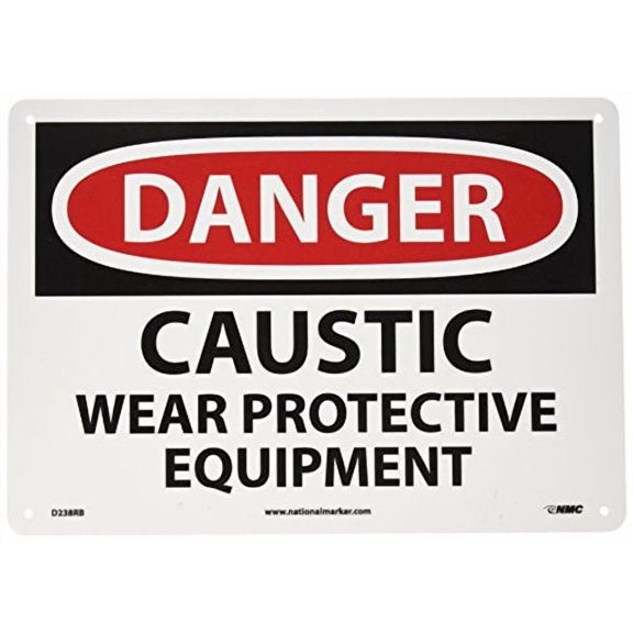 NMC D238RB DANGER - CAUSTIC WEAR PROTECTIVE EQUIPMENT Signage - 14 in. x 10 in. Rigid Plastic Danger Sign, Black/White Text on White/Red Base